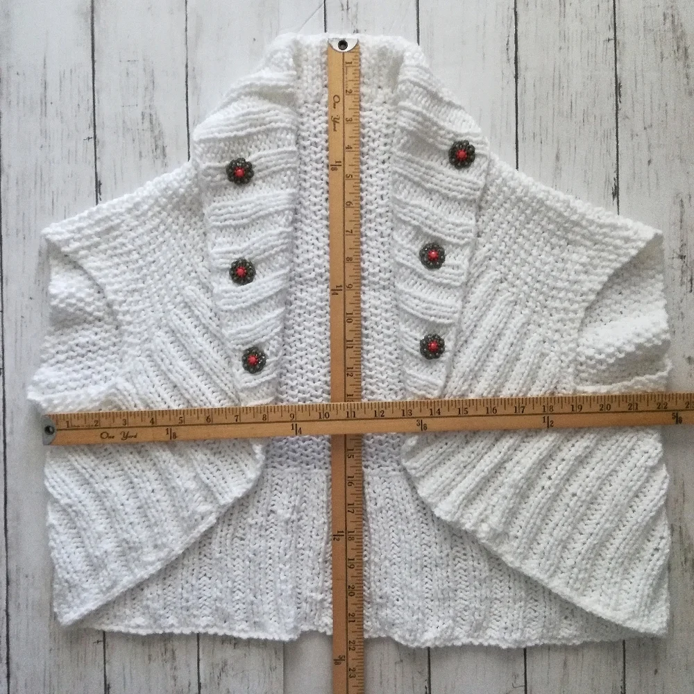 White Knit Shrug Cap Sleeve Sweater With Decorative Buttons, One Size